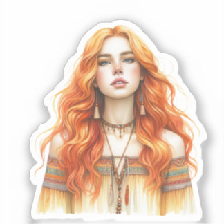 Boho Girl AI Art Bohemian Fashion Sticker