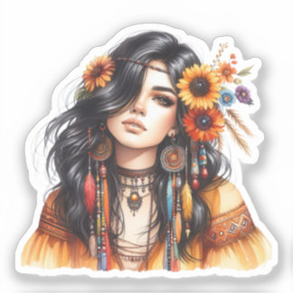 Boho Girl AI Art Bohemian Fashion Sticker