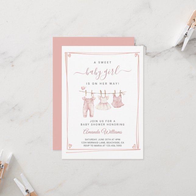 Boho Girl Clothesline Baby Shower Invitation (Front/Back In Situ)