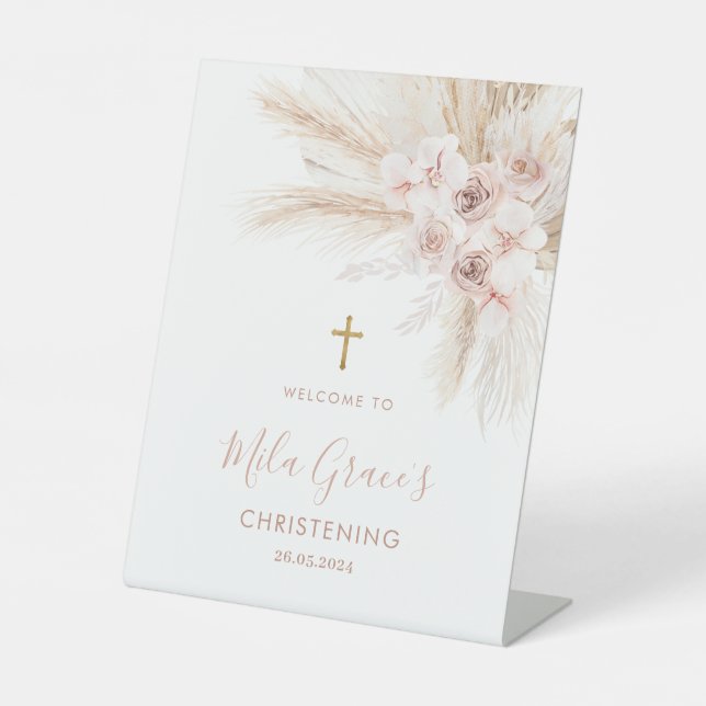 Boho Girl Floral Baptism Christening Welcome 8x10 Pedestal Sign (Front)