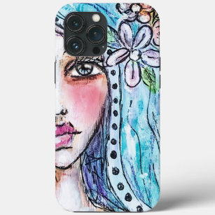 Boho Girl Flower Blue Hair Polka Dot Watercolor iPhone 13 Pro Max Case