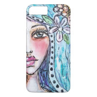 Boho Girl Flower Blue Hair Polka Dot Watercolor iPhone 8 Plus/7 Plus Case