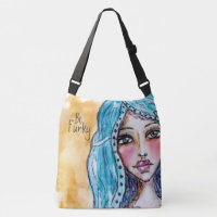 Boho Girl Hippie Watercolor Artistic Blue Orange Crossbody Bag