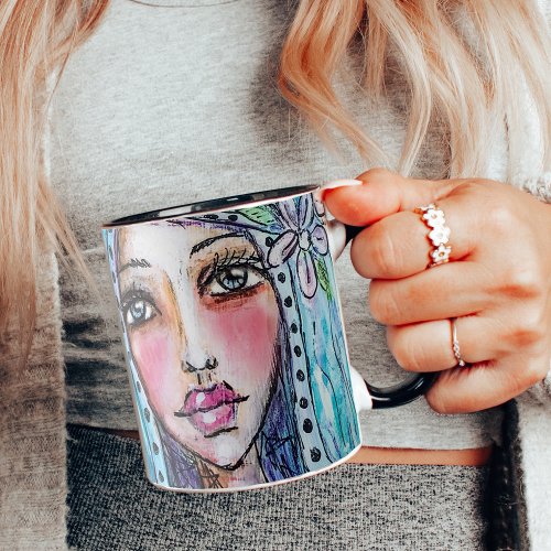 Boho Girl Watercolor Illustration Colorful Flowers Mug