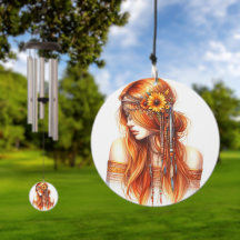 Boho Girl Wind Chime – AI Art Feathers, Bohemian