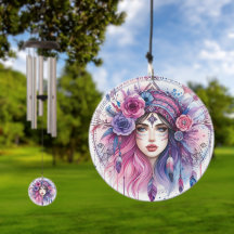 Boho Girl Wind Chime – AI Art Feathers, Bohemian