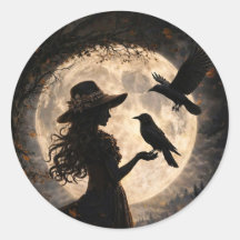 Boho Girl with Raven and Full Moon