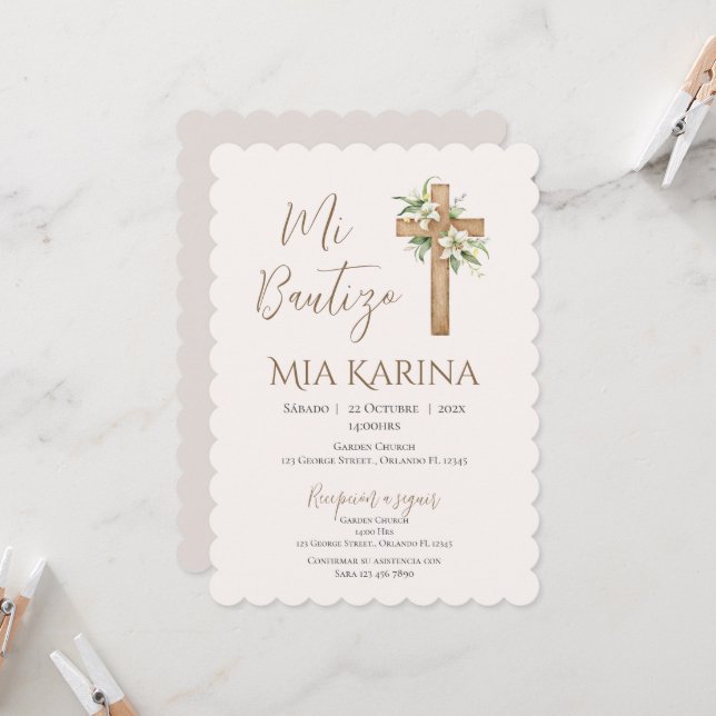 Boho girl's baptism with a bear in clouds invitation (Front/Back In Situ)