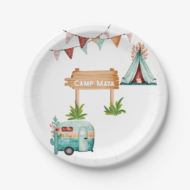 Boho girls camping adventure birthday party paper plates (Front)