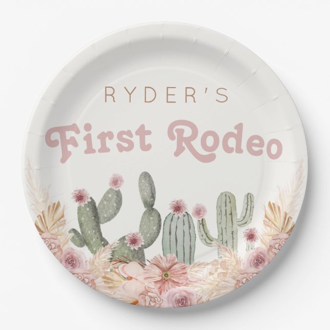 Boho Girls First Rodeo Cowgirl Birthday Paper Plates (Front)