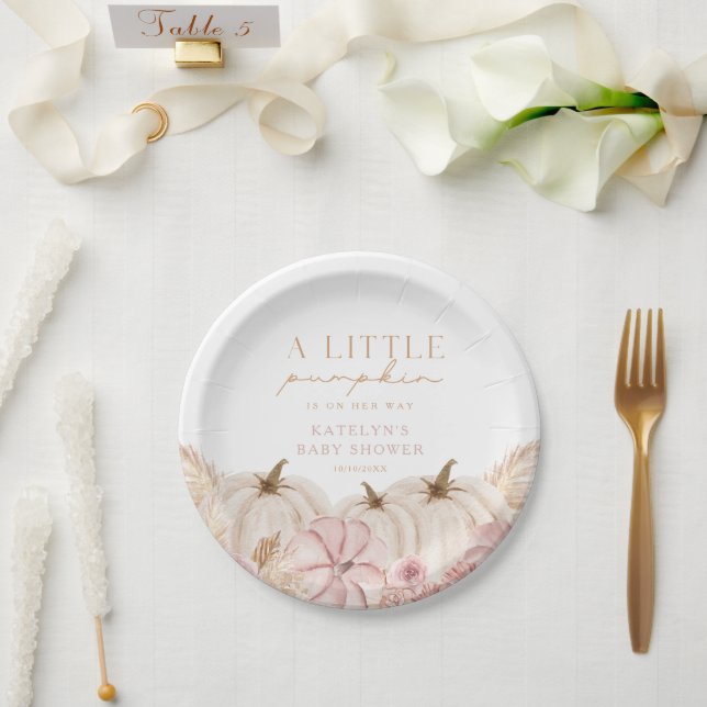 Boho Girls Pampas Grass Pumpkin Custom Paper Plates (Wedding)