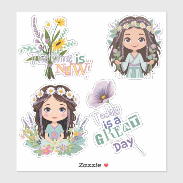Boho Girls with Daisies Custom-Cut Vinyl Sticker (Sheet)