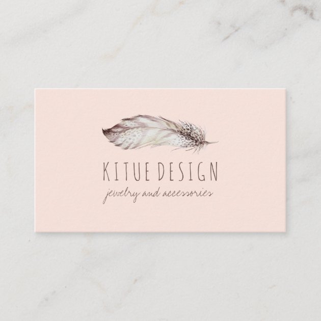 Boho Girly blush pink printed Feather Business Card
