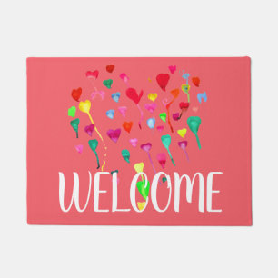 Boho girly colorful watercolor hearts welcome mat