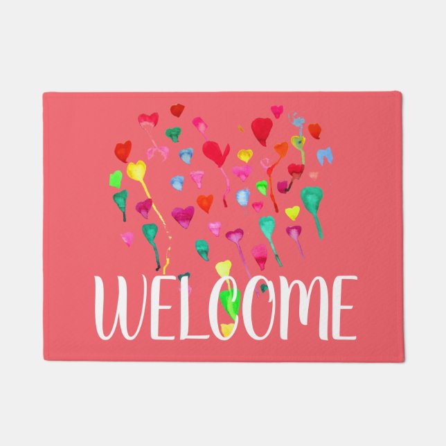 Boho girly colorful watercolor hearts welcome mat (Front)