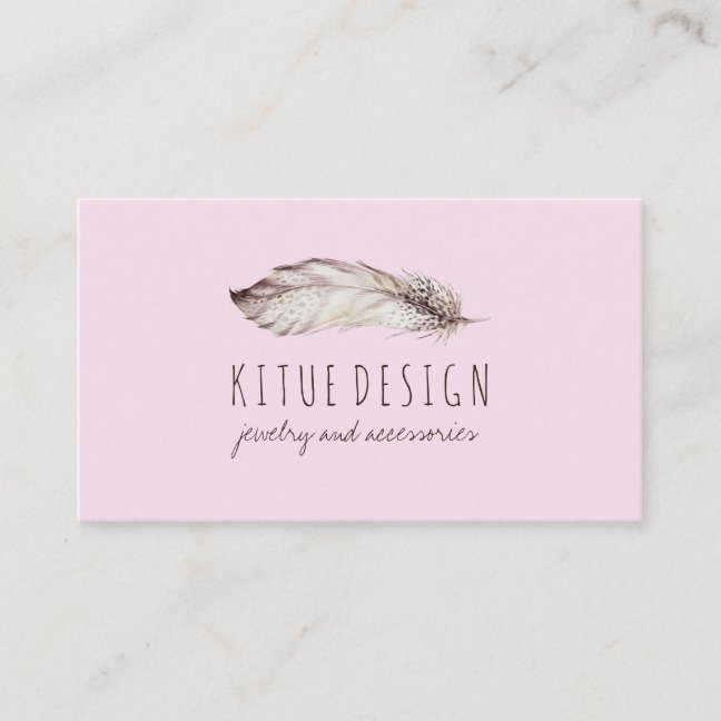 Boho Girly Feminine Brown Pink Feather Business Card