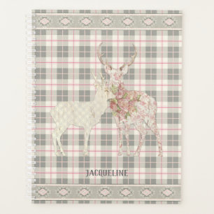 BOHO Girly Lodge Deer Antler Pink Gray Plaid Check Planner