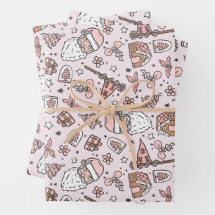Boho Girly Pink Santa Christmas Doodles Wrapping Paper Sheets