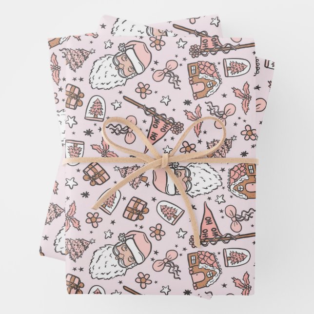 Boho Girly Pink Santa Christmas Doodles Wrapping Paper Sheets (In situ)