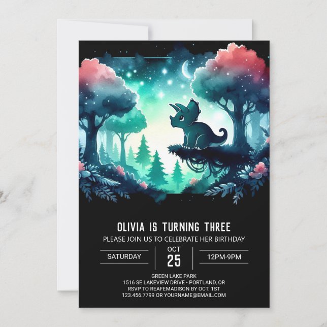 Boho Girly Triceratops Birthday Invitation (Front)