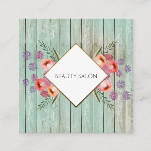 Boho Glam elegant chic watercolor floral wood Square Business Card