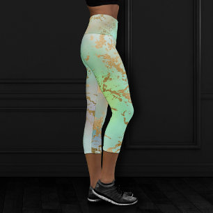 Boho Glam Marble Neo Mint Green and Gold Glitter Capri Leggings