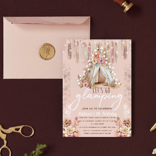 Boho Glamping Party Pink Elegant  Invitation