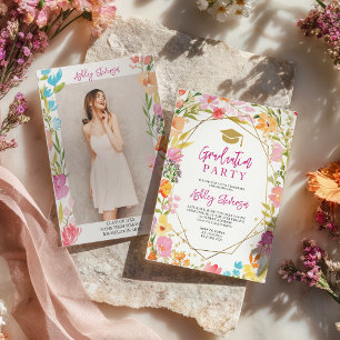 Boho glitter floral watercolor photo graduation invitation