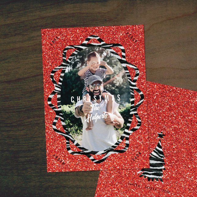 Boho Glitter & Zebra Print Oval Photo Christmas Holiday Card (Creator Uploaded)