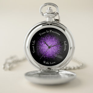 Boho Glittery Purple Motivational Quote Black Pocket Watch