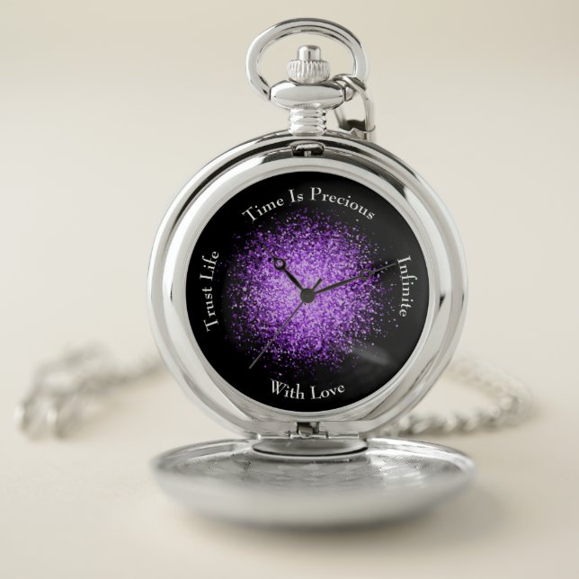 Boho Glittery Purple Motivational Quote Black Pocket Watch (Inside)