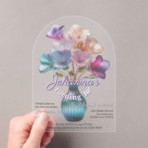 Boho glossy glass flower bouquet 40th birthday acrylic invitations