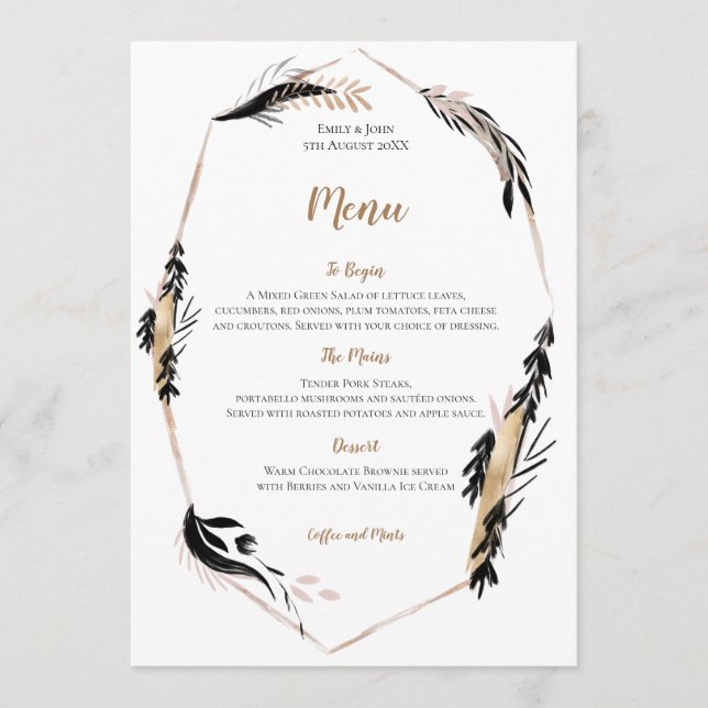 Boho Gold and Black Feather Leaves Frame Wedding Menu (Front)
