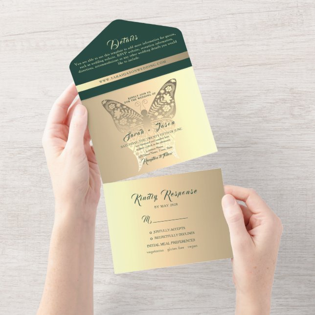 Boho Gold and Emerald Green Wedding All In One Invitation (Tearaway)