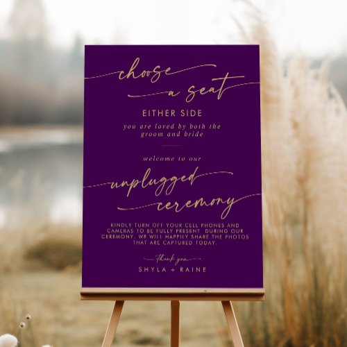 Boho Gold and Purple Seat Unplugged Ceremony Sign