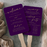 Boho Gold and Purple Wedding Program Hand Fan<br><div class="desc">This boho gold and purple wedding program hand fan is perfect for a minimalist wedding ceremony. The neutral yellow gold and purple modern bohemian design features simple rustic calligraphy with a unique yet classic style. Perfect for any season: spring, summer, fall autumn or winter. Personalize your wedding program with you...</div>