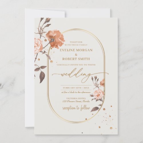 Boho gold arch watercolor rose brown hues leaves invitation