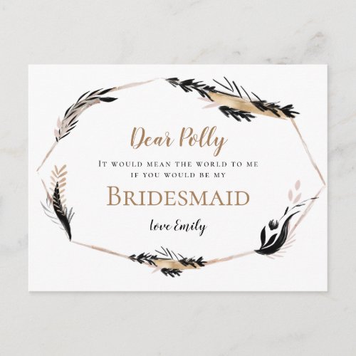 Boho Gold Black Feathery Leaves Bridesmaid Request Postcard