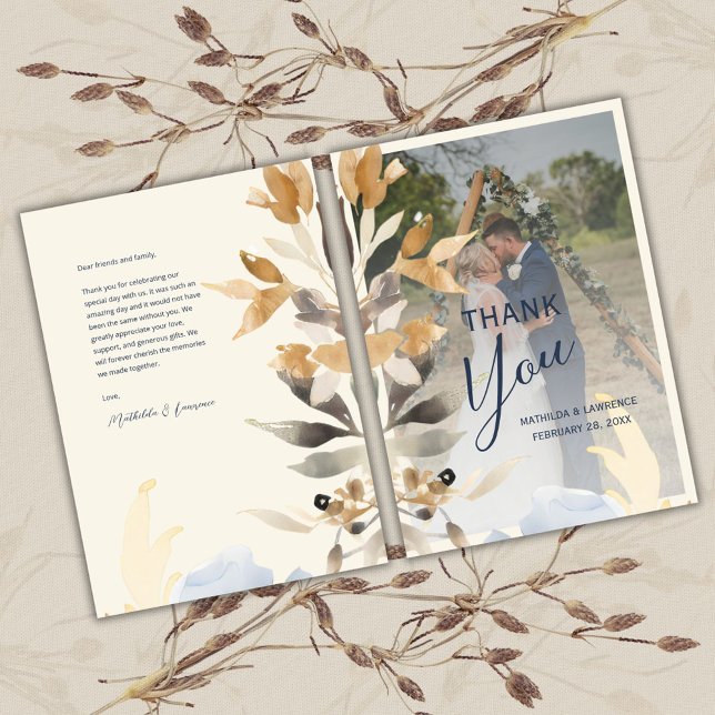 Boho Gold Blue Foliage Winter Wedding Photo Thank You Card (Boho Gold Dusty Blue Foliage Winter Wedding Photo Thank You Card)