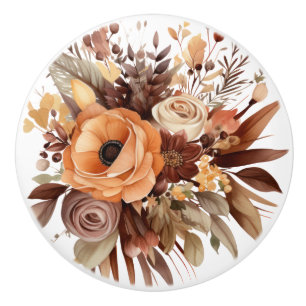 Boho Gold Brown Flowers Floral Ceramic Knob