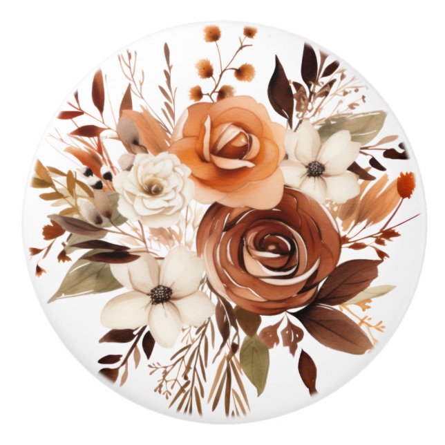 Boho Gold Brown Flowers Floral Ceramic Knob (Front)