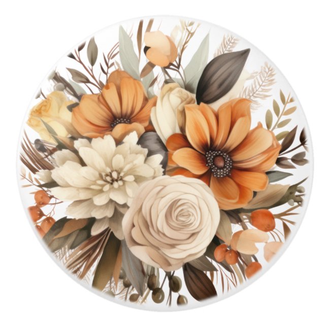 Boho Gold Brown Flowers Floral Ceramic Knob (Front)