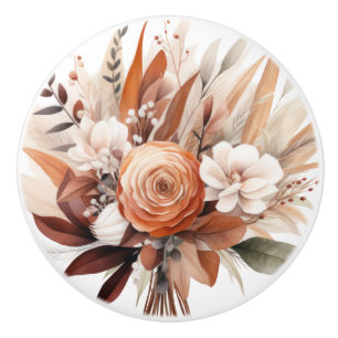 Boho Gold Brown Flowers Floral Ceramic Knob