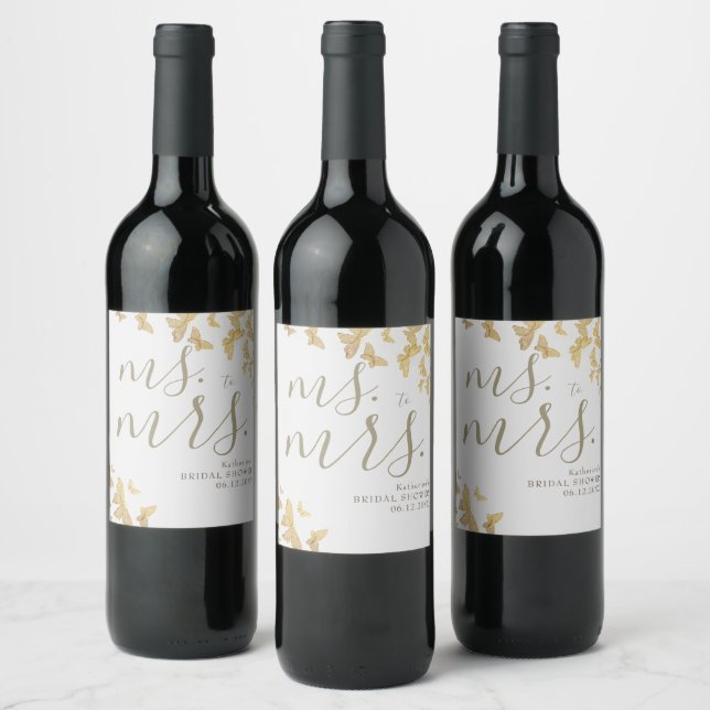 Boho Gold Butterflies Glitter Chic Bridal Shower Wine Label (Bottles)