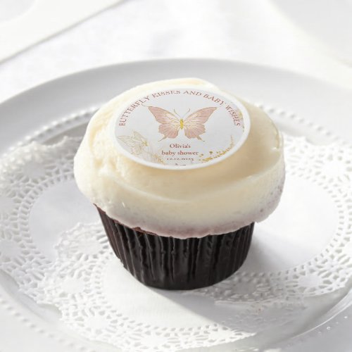 Boho gold butterfly kisses and baby wishes edible frosting rounds