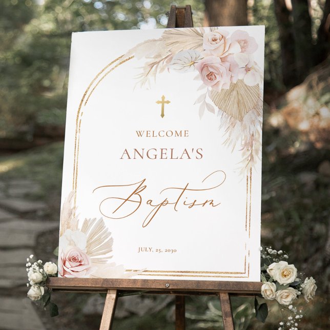 Boho gold cross baptism welcome Sign Dusty pink  (Creator Uploaded)