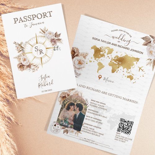 Boho Gold Destination Wedding Passport QR Code Invitation