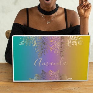 Boho Gold Filigree Mandala Pastel Rainbow Ombre HP Laptop Skin
