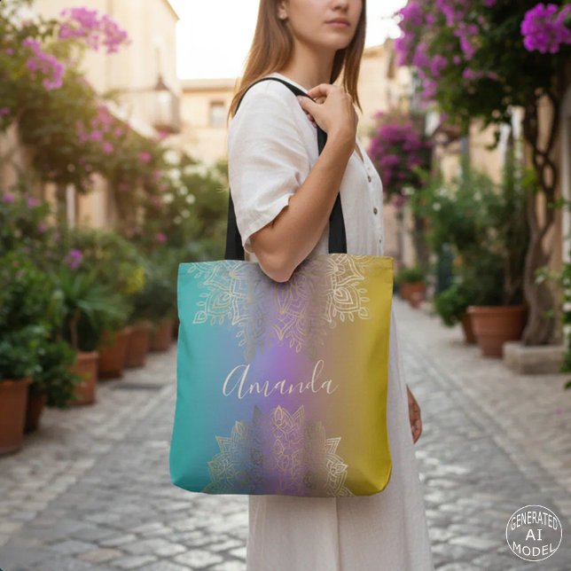 Boho Gold Filigree Mandala Pastel Rainbow Ombre Tote Bag (Creator Uploaded)
