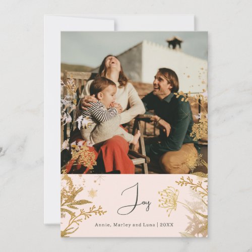 Boho Gold Floral Joy Pink Vertical Photo Christmas Holiday Card